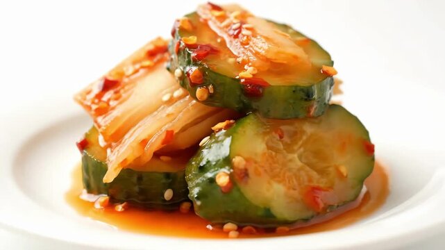 Close-up of Oi Sobak Kimchi (Spicy Cucumber and Napa Cabbage Kimchi) Garnished with Sesame Seeds on a White Plate. Authentic Korean Fermented Side Dish.