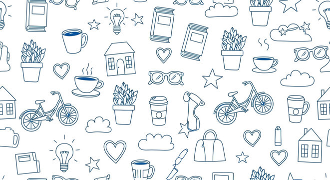 Seamless pattern illustration featuring hand-drawn lifestyle and everyday objects in blue on a