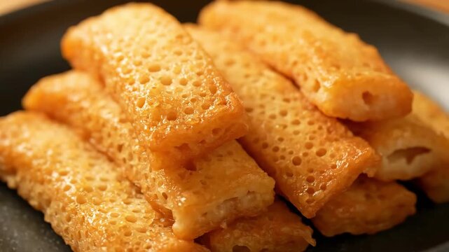 Close-up stack of golden brown sweet pastries soaked in syrup, highlighting the glossy glaze and porous, honeycomb texture of the fried dessert bars.