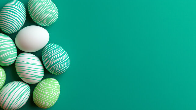 Eggs are arranged on a solid green background. The eggs have stripes and patterns in green and white, creating a festive look for spring celebrations.