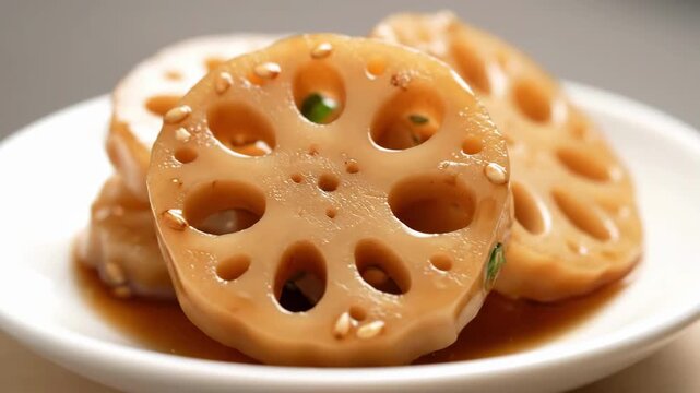 Close-up of glossy, sweet and savory braised lotus root slices (Renkon no Nimono) glazed in soy sauce and mirin, topped with sesame seeds, a classic Japanese side dish.