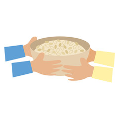 Illustration of giving staple food as zakat al-fitr, symbolizing compassion, sharing, and community care during Ramadan.