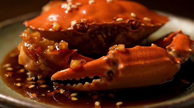 Close-up of richly glazed whole cooked crab served in savory Asian sauce, topped with sesame seeds and minced garlic, emphasizing gourmet seafood presentation.