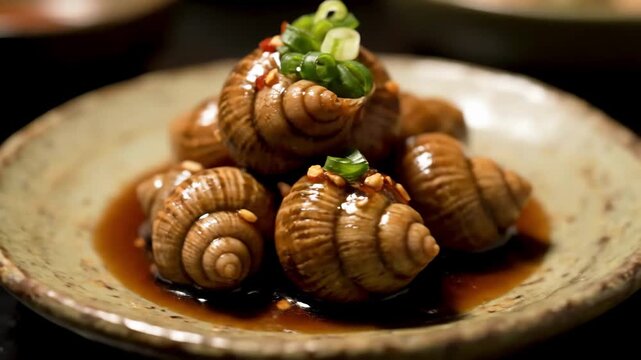 Gourmet Cooked Snails or Whelks Served in Savory Dark Sauce and Garnished with Green Onions on a Rustic Plate, A Popular Asian Seafood Appetizer Delicacy