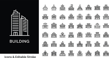 Building and architecture icon set with skyscraper hospital church school house factory stadium office apartment home city real estate construction, cad drawing flat vector illustration © Heyy there