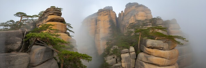 Red Stone Peaks in Morning Fog