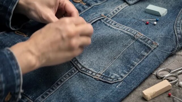 Medium shot of a tailor carefully sewing a patch pocket onto denim fabric highlighting detailed stitching and precise placement on a jacket.