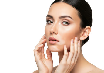 Woman examining her skin isolated on transparent background