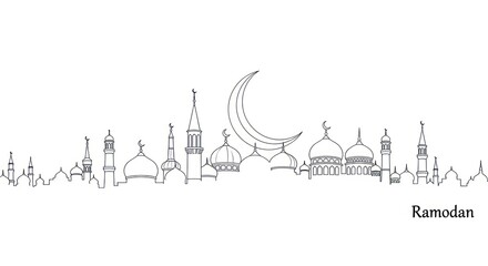 Obraz premium Minimalist ramadan illustration with crescent moon and city silhouette