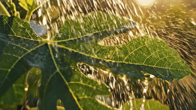 Close-up of fresh green fig leaf with water droplets in sunlight, macro shot
