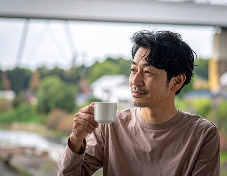 穏やかな休日に笑顔でコーヒーを楽しむ日本人男性
