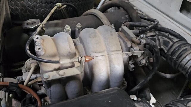 longitudinal inline-4 engine visibly shakes and rocks under the hood at idle classic Soviet four-cylinder vibes with no balance shafts