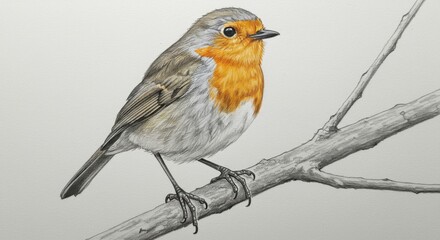 Artistic representation of a Robin bird perching on a branch using pencil drawing