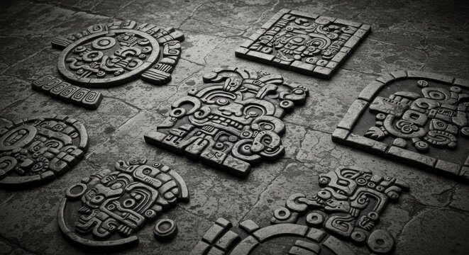 Ancient Mayan Stone Carvings on Weathered Surface, Mysterious Artifacts and Ritual Art Depiction