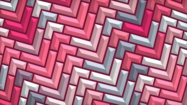 A vibrant, abstract geometric pattern featuring interlocking chevron shapes in various shades of pink, white, and grey, creating a textured, repeating design.