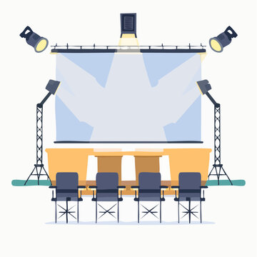 Conference stage with firefly flat vector design, huge backwall screen, podium, and speakers on a raised platform under spotlight