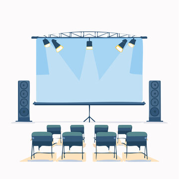 Conference stage with blank screen, podium, and seats for presentation or event