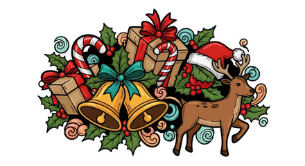 Whimsical Christmas Doodle Art Featuring Reindeer Gifts and Festive Elements Cartoon