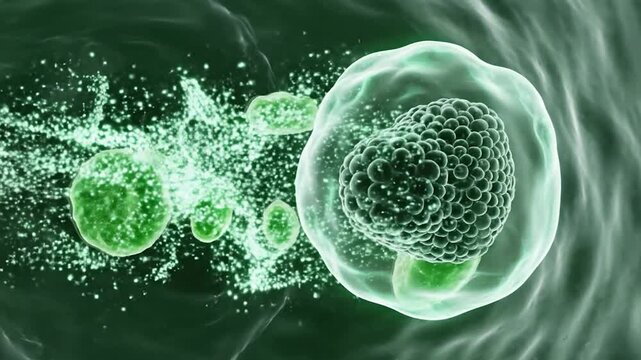 Microscopic View of Green Cells and Bacteria in Fluid.