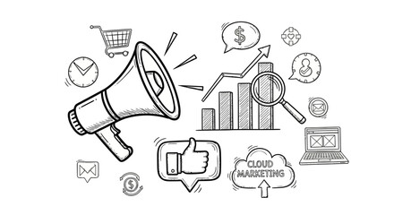 Fototapeta premium Digital Marketing Strategy Hand Drawn Doodle With Megaphone And Online Icons Concept