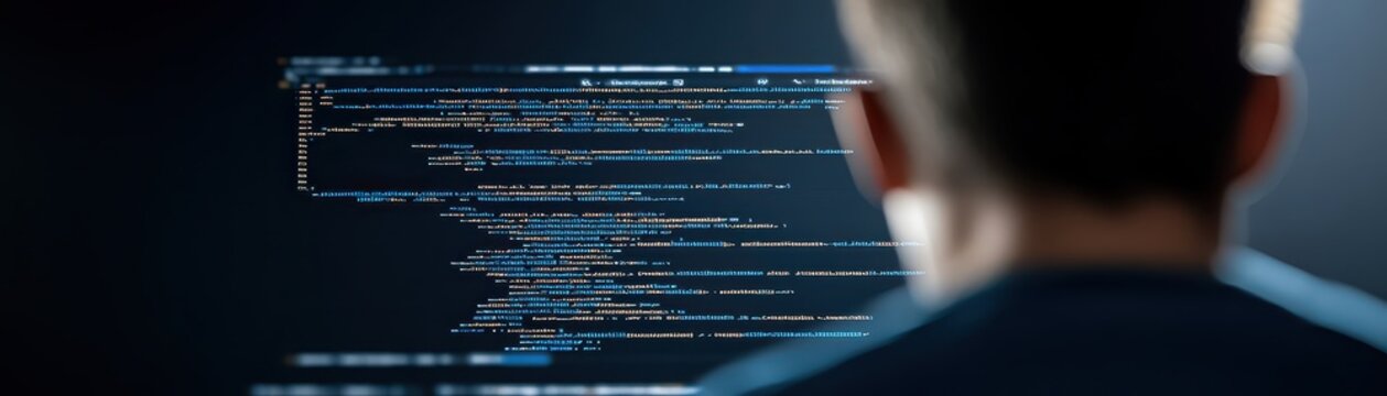 Man observes computer screen displaying programming code individual reviews lines of code on digital display