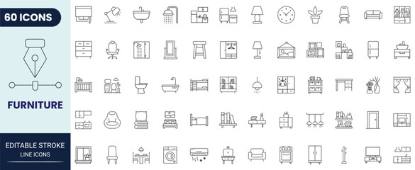 Furniture line icon set. Includes sofa, table, kitchen and more. Editable stroke. Vector illustration. © Gretta
