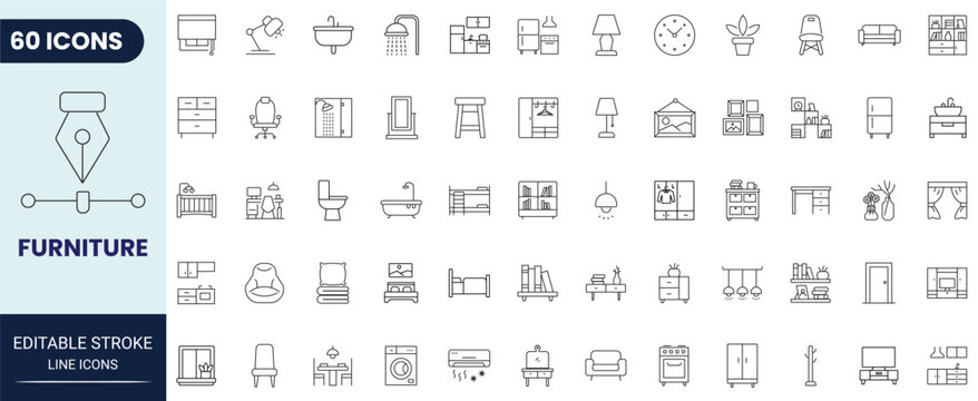 Furniture line icon set. Includes sofa, table, kitchen and more. Editable stroke. Vector illustration.
