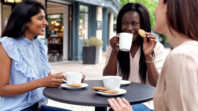 Three happy diverse female friends laughing and enjoying coffee with cookies at an outdoor cafe terrace setting background 

