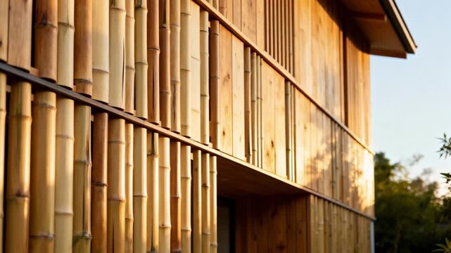 Sunlit bamboo cladding installation on a residential facade emphasizing natural textures and ecofriendly construction.