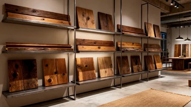 Display of salvaged wood trims and planks showcased on shelving units in a modern showroom setting with warm inviting ambiance.