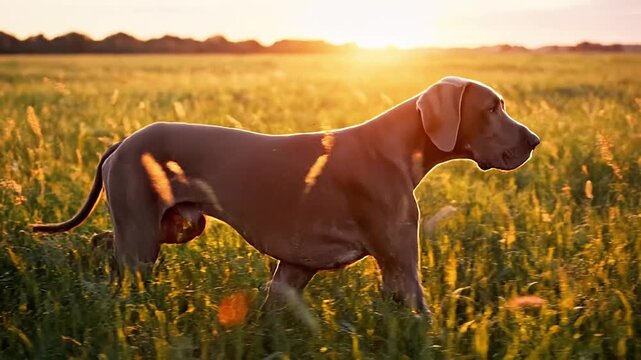Majestic Great Dane Dog Standing in Green Grass Field Under Blue Sky: Noble Purebred Pet in Sunny Nature Landscape