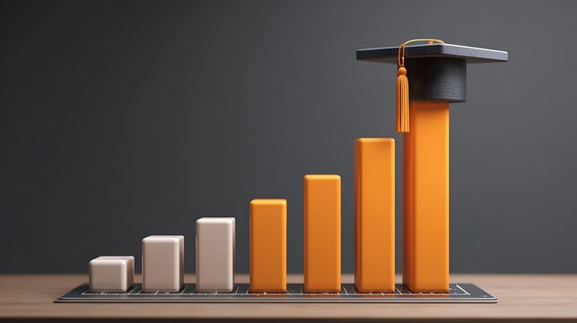Elegant poto of Graduation cap on top of an increasing bar chart, symbolizing academic success, educational growth, and achievement