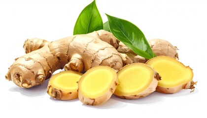 Fresh ginger root and slices with green leaves