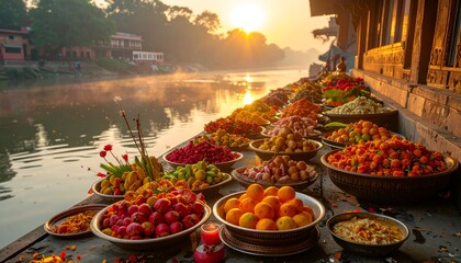 Colorful offerings of fruits, flowers, and food at sunrise by river