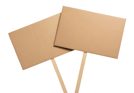 Two blank cardboard signs on wooden sticks isolated on transparent background