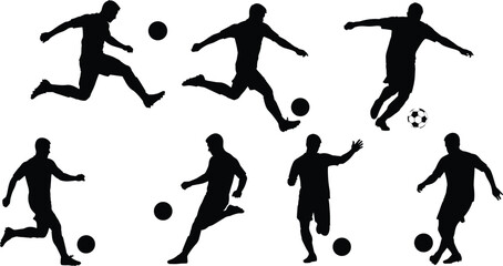 Seven soccer player silhouettes in dynamic action poses, kicking, running, striking ball, sports vector illustration for football training, athletic motion, game design © Ashraful