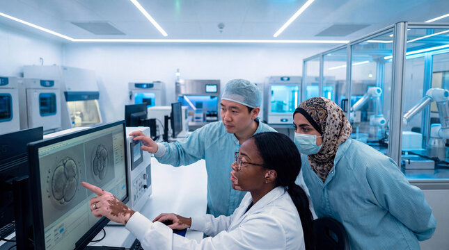 Diverse medical team analyzing embryo images on computer monitor showing embryonic growth stages in IVF laboratory