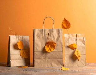 Brown paper bags with autumn leaves on orange