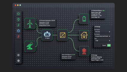Smart energy management dashboard interface with AI technology, renewable power, solar panel, wind turbine and battery status icons, dark mode UI design- 3D rendering