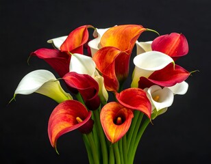 Vibrant bouquet of white, red, and orange calla lilies
