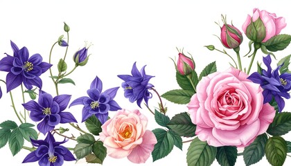 Pink roses and purple columbines adorn border