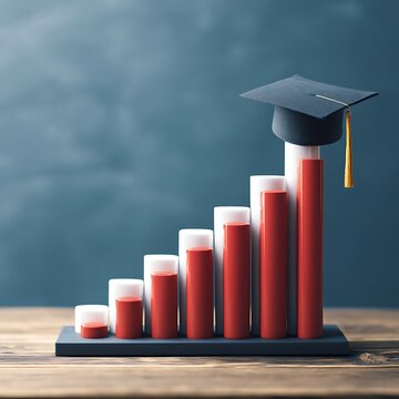 Elegant poto of Graduation cap on a rising bar graph representing educational success and academic progress against a blurred blue wall background.
