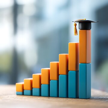 Elegant poto of Graduation cap on a rising bar graph representing academic growth, success, and education investment in an indoor setting.