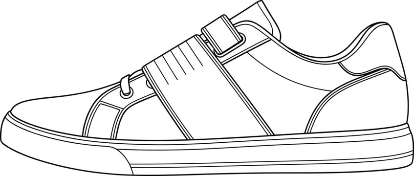 Black Line Art Illustration of a Men&rsquo;s Casual Slip-On Sneaker Featuring a Wide Elastic Midfoot Strap and Minimalist Design