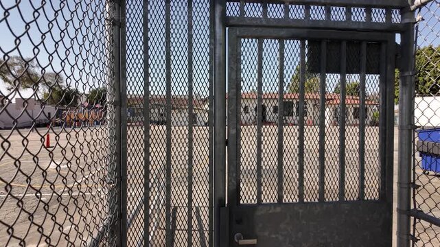 Tall fencing, bars, and gate enclose and secure an elementary school in Vernon, California, USA.
