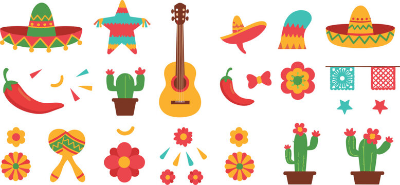 Mexican fiesta and traditional culture icons set featuring sombrero, cactus, guitar, chili pepper, flowers, pi&ntilde;ata, and colorful folk decorations