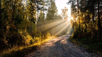 Obraz premium Elegant poto of Golden Sunbeams Illuminating a Forest Road in Misty Autumn Morning