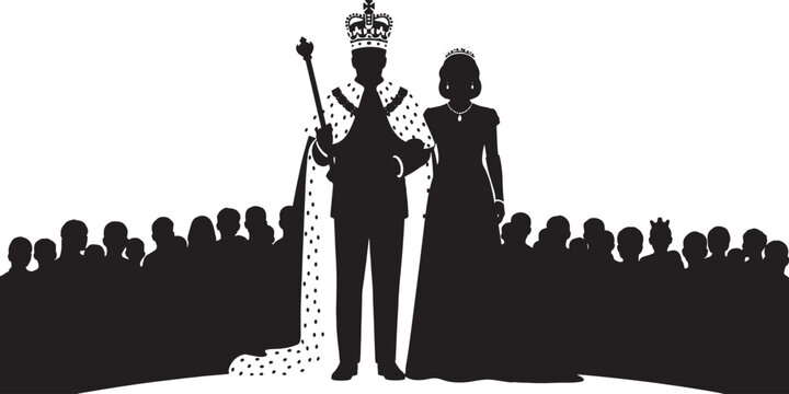 Silhouette of a King and Queen in regal attire standing before a crowd of onlookers.