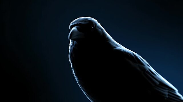 Close up silhouette of a majestic bird of prey perched against a dark, moody background, showcasing its sharp features