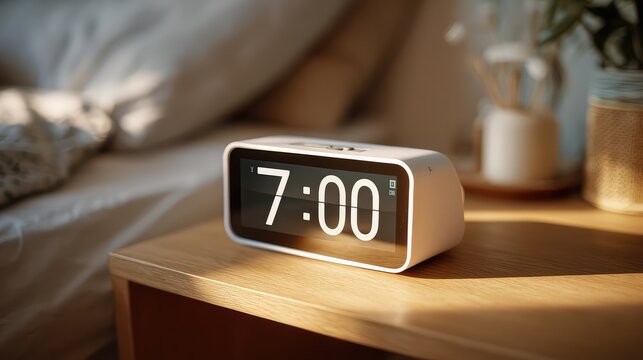 A modern alarm clock, displaying the seven o'clock position, is placed beside a cozy and comfortable bed, creating a warm and inviting atmosphere in the room.